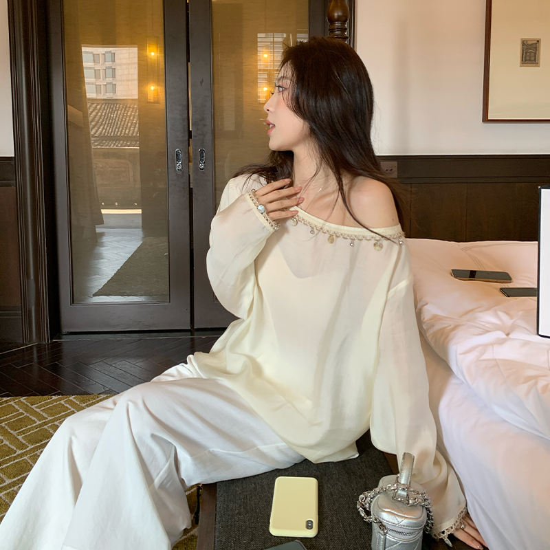 NAZ那子大码天丝莱塞尔手工钉珠斜肩上衣胖mm露肩重工洋气衬衫