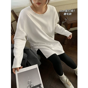 新款 NAZ那子大码 2023春季 百搭加厚双面磨毛胖mm白色休闲T恤宽松潮