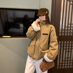 NAZ那子大码 90白鸭绒羊羔卷毛派克胖mm保暖毛领拼接羽绒外套 冬季