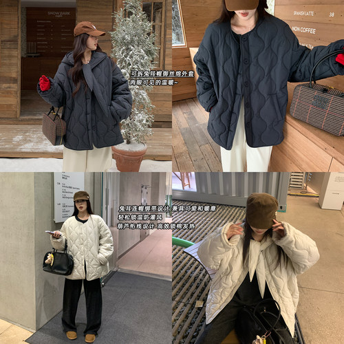 NAZ那子大码冬季御丝绵韩系保暖绗线可拆卸围脖胖mm洋气棉服外套