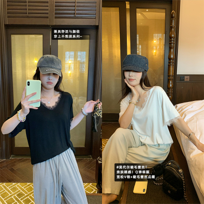 NAZ那子大码莫代尔蕾丝花边拼接T恤胖妹妹设计感洋气短袖夏季上衣