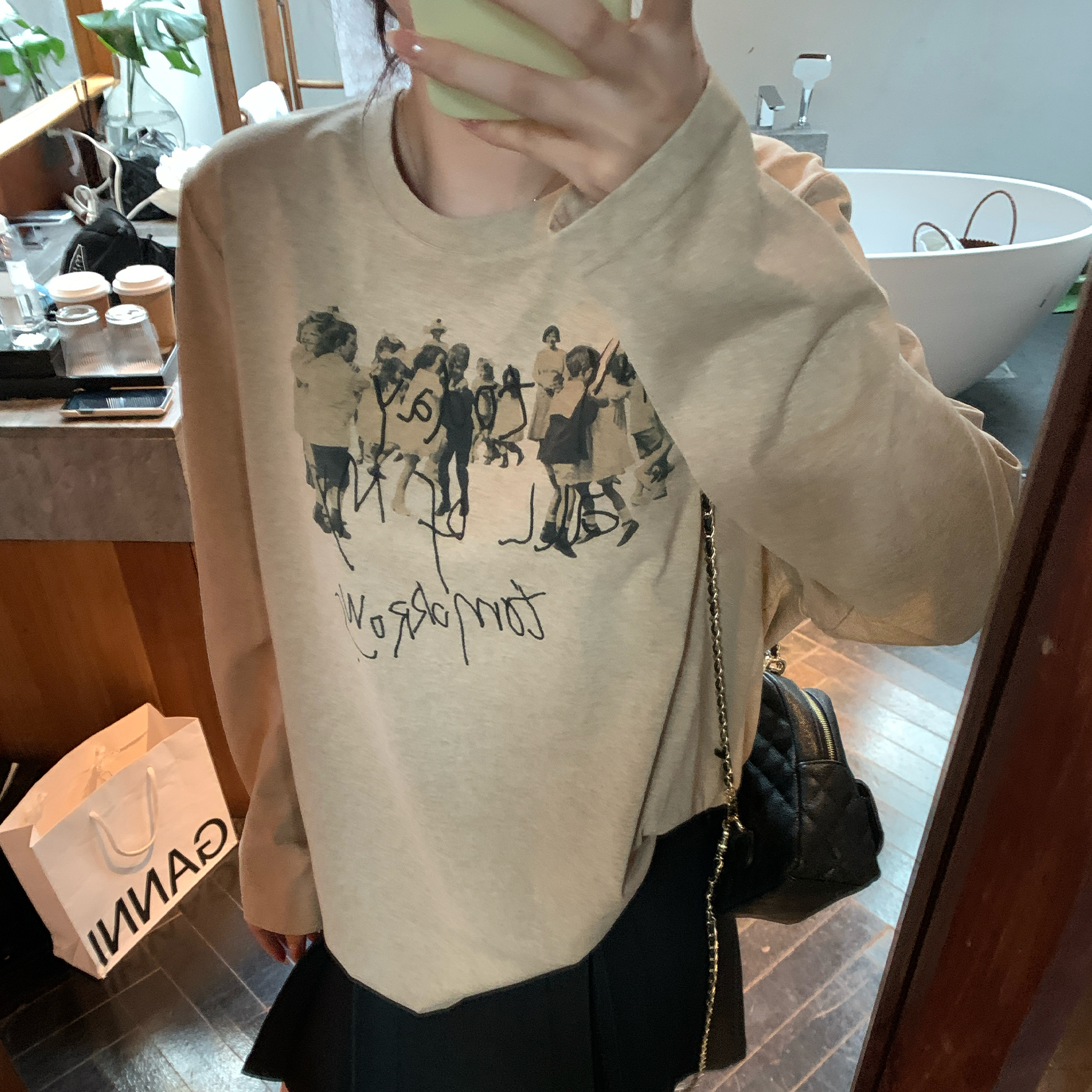 NAZ那子大码秋季100棉复古字母印花长袖T恤胖mm宽松休闲慵懒上衣