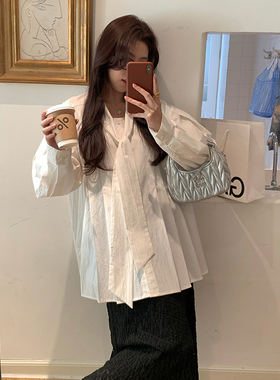 NAZ那子大码秋装新款休闲小众设计感胖mm个性洋气白色飘带衬衫女