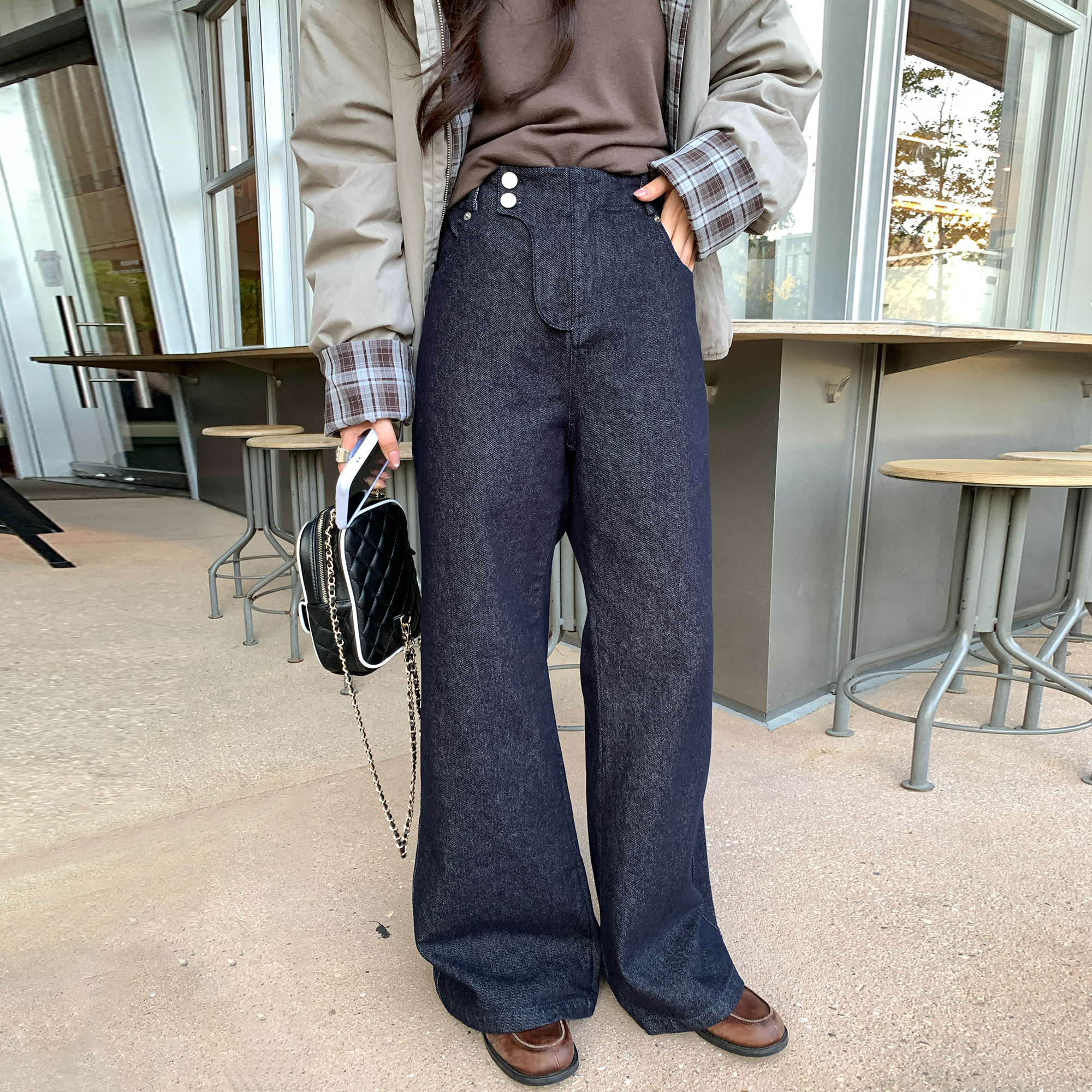 NAZ那子大码秋冬棉感复古直筒微喇裤胖妹妹高腰减龄阔腿牛仔裤女