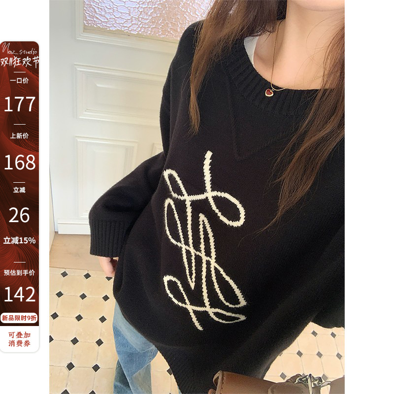 NAZ那子大码秋冬新款慵懒舒适感宽松刺绣毛衣胖mm复古提花上衣女