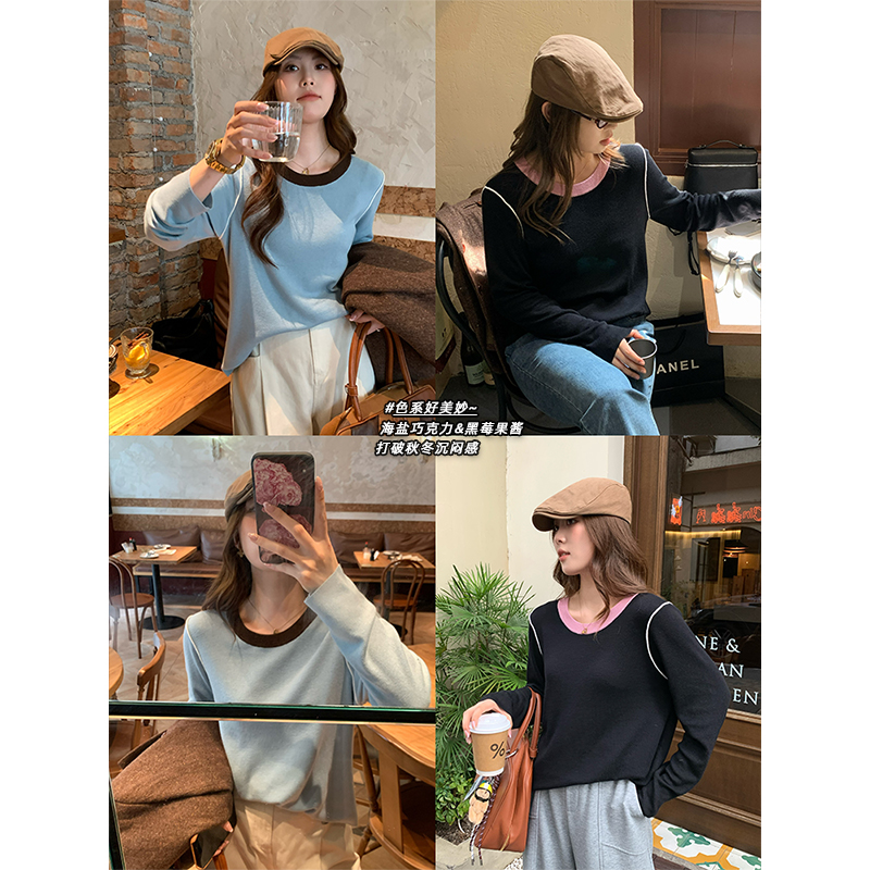 NAZ那子大码秋装新款圆领设计感撞色针织衫胖mm复古气质洋气上衣