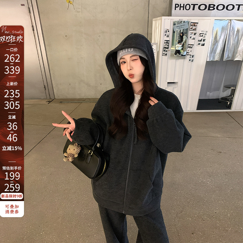 NAZ那子大码冬季混色小圈圈毛加绒显瘦卫衣胖mm休闲宽松长裤套装