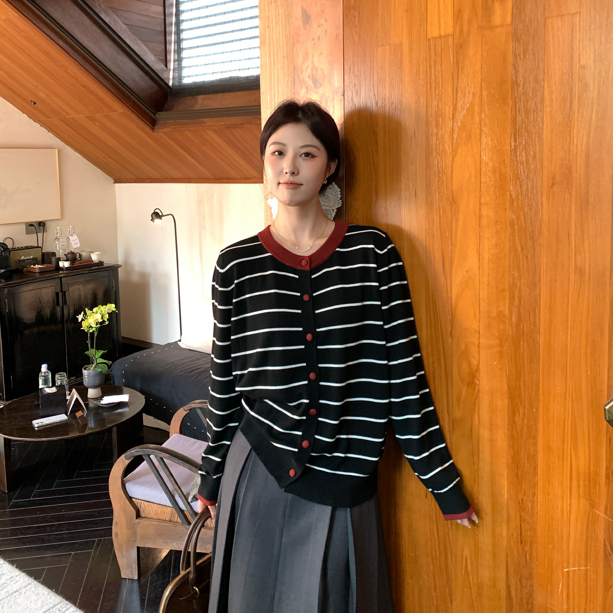 NAZ那子大码秋季45支羊毛混纺撞色条纹开衫胖mm设计感宽松针织衫