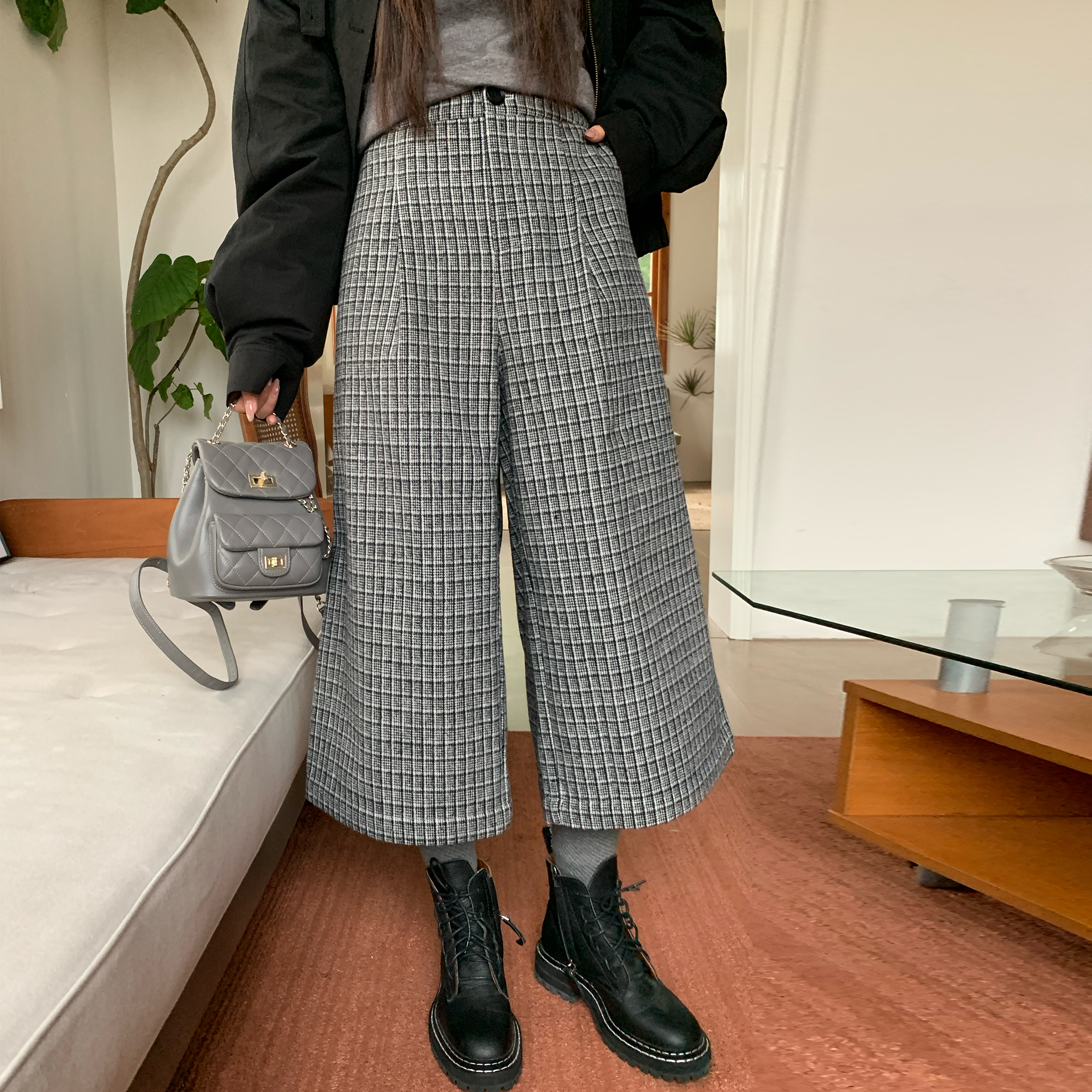 NAZ那子大码冬季千鸟格呢料九分西装裤胖mm设计感宽松气质阔腿裤