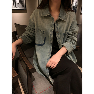 外套女 NAZ那子大码 早秋新款 复古水洗浅色胖mm慵懒风时尚 牛仔衬衫