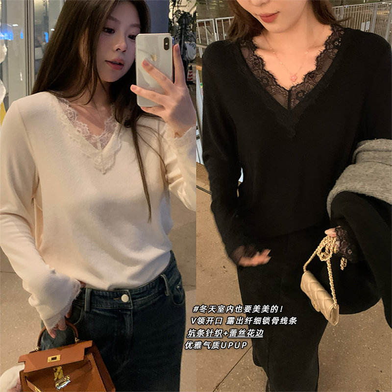 NAZ那子大码秋冬新款气质显瘦蕾丝花边拼接胖mm抓毛洋气打底衫女