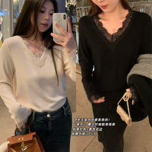 NAZ那子大码 女 秋冬新款 气质显瘦蕾丝花边拼接胖mm抓毛洋气打底衫