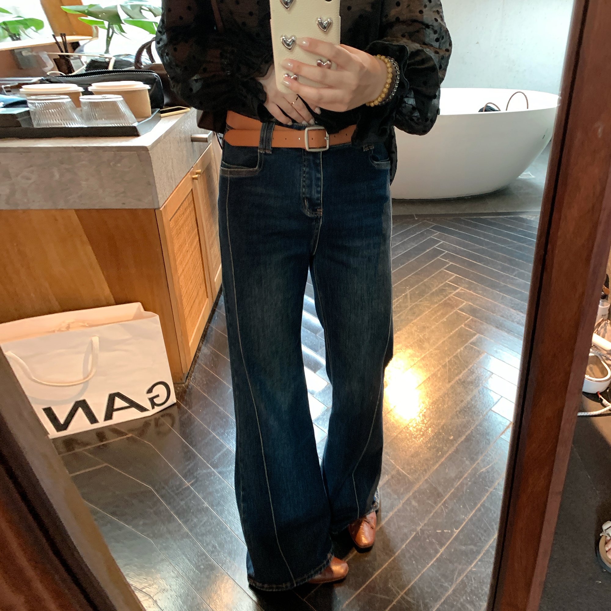 NAZ那子大码秋季高腰显瘦不贴腿修身微喇裤胖mm复古减龄女牛仔裤