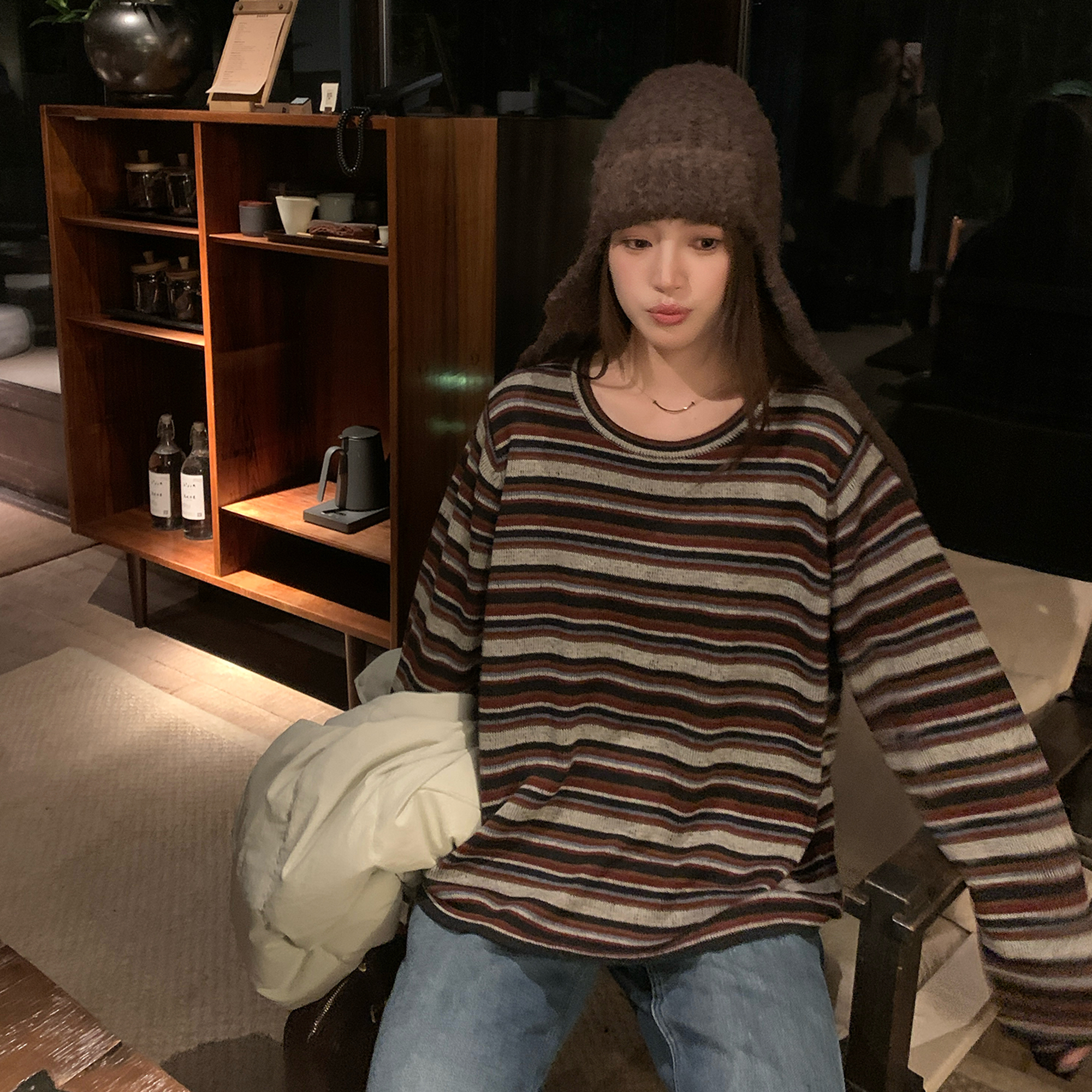 NAZ那子大码冬季60支羊毛段染条纹针织衫胖mm宽松圆领复古上衣