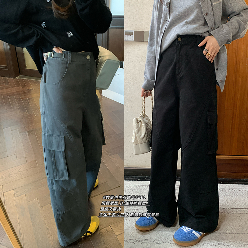 NAZ那子大码秋季美式高街复古水洗直筒工装裤胖mm大口袋阔腿裤女
