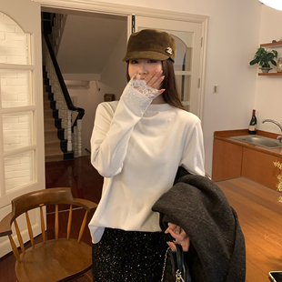 NAZ那子大码 慕斯软绒亮片蕾丝花边拼接胖mm洋气百搭打底T恤 冬季