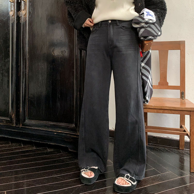 NAZ那子大码冬季新款特殊裁剪高腰直筒牛仔裤胖mm复古宽松长裤女