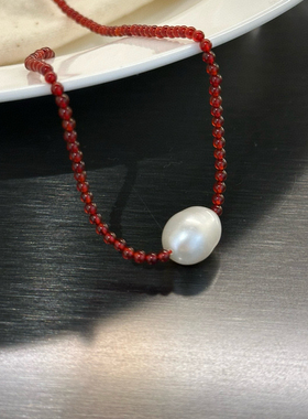 新年复古红玉髓天然巴洛克项链女项链颈链异形不规则锁骨链s49330