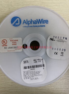 Alpha内部连线电线18AWG绿黄色600V单芯UL1015长30米3075 GY005