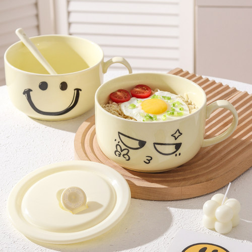 可爱笑脸带盖勺子搞怪微波炉陶瓷