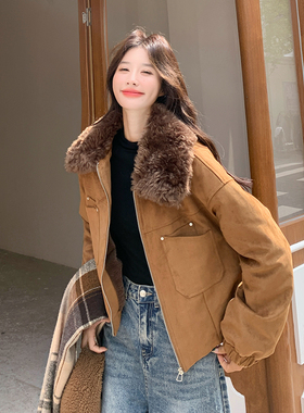 加厚加绒短款麂皮绒翻领皮夹克女皮衣外套25901-P185-K288
