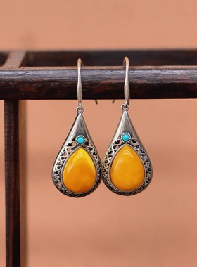 天然蜜蜡水滴耳坠S925银镶嵌时尚百搭气质款-M01A34960