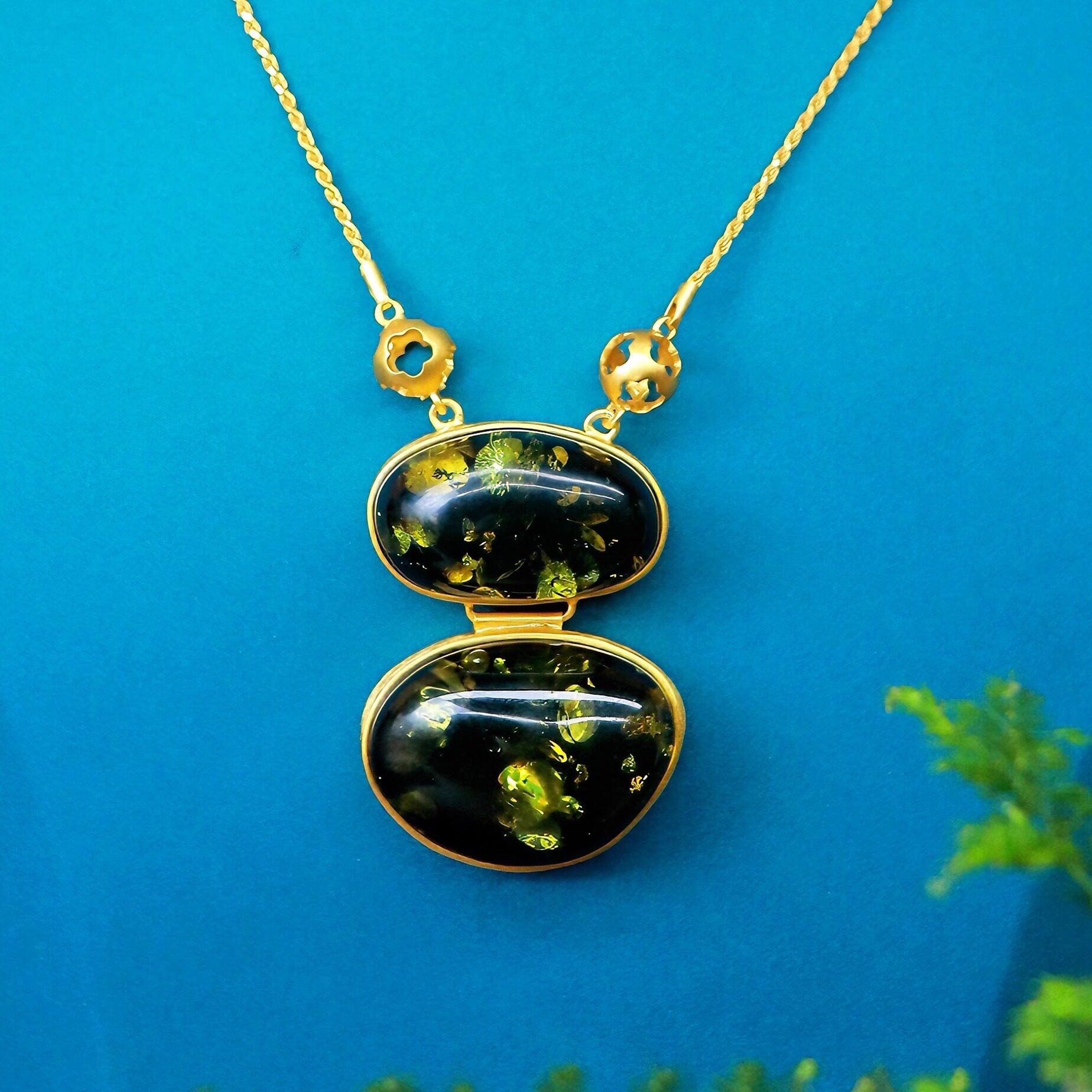 天然俄料琥珀S925绿花珀吊坠套装带链M01E23858