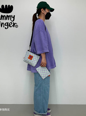 韩国小众设计师品牌jammyfinger新款棋盘格单肩斜挎旅行便携女包