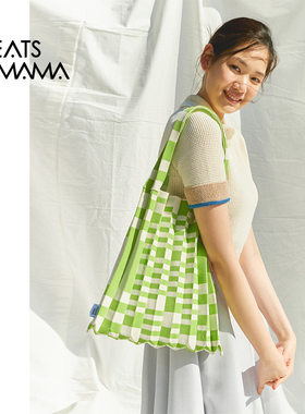 韩国小众PLEATSMAMA春夏新款棋盘格子风琴褶皱休闲通勤单肩背包