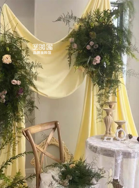 婚庆黄色橙色弹力布牛奶丝吊顶韩式背景布装饰布幔纱幔整卷布挂布
