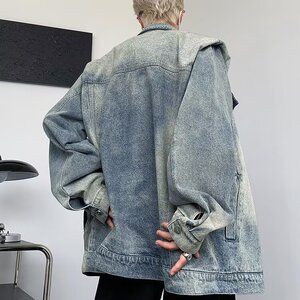 QN88672-P65 垫肩牛仔外套潮牌复古水洗拉链设计宽松休闲工装夹克图片