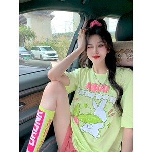B2264-P45 卡通发泡印花宽松短袖T恤女休闲慵懒风上衣图片