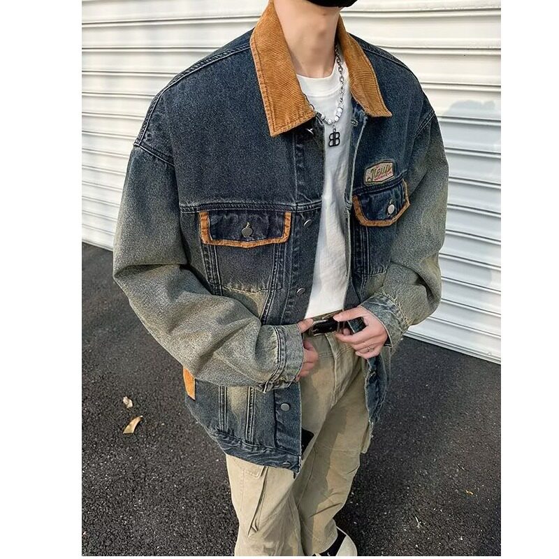 JX3573-P78牛仔美式复古做旧水洗拼接青少年牛仔外套机车夹克潮,男装夹克,星座1608