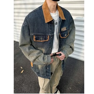 JX3573-P78 牛仔美式复古做旧水洗拼接青少年牛仔外套机车夹克潮图片