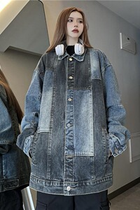 B2023-P80 美式复古男女拼接设计感牛仔外套潮牌翻领休闲夹克图片