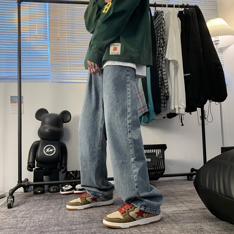 S1418-P43 新款纯色复古休闲阔腿牛仔裤男女百搭宽松拖地老爹裤图片