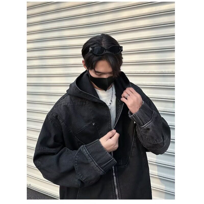 JX3577-P98新款小众重工解构做旧垫肩连帽牛仔外套美式宽松夹克,男装夹克,星座1608