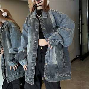 B2023-P80 美式复古男女拼接设计感牛仔外套潮牌翻领休闲夹克图片