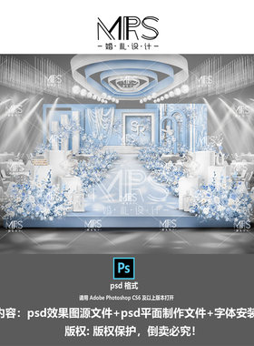 MRS法式蓝色婚礼效果图1124小预算秀场风婚礼设计迎宾舞台背景