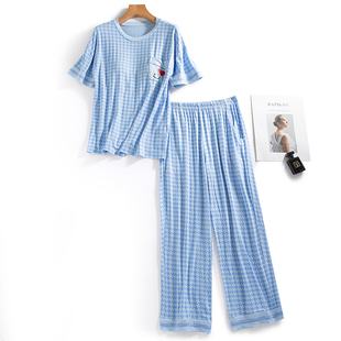 莫代尔带胸垫睡衣套装两件套女士夏季薄款短袖九分裤千鸟格家居服