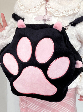 可爱黑色猫爪包卡通毛绒双肩包学生书包大容量包包少女单肩背包