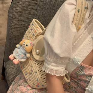 田园风珍珠扣彩虹编织手提包新款海边度假编织包森系单肩菜篮子包