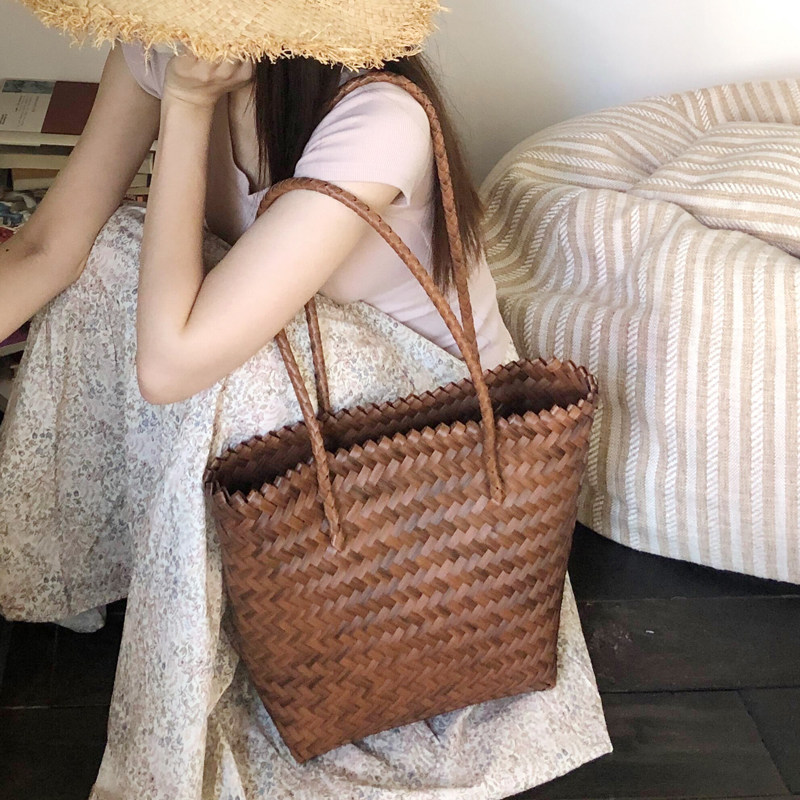 竹编菜篮子爆款大容量复古仿藤单肩背托特手工编织包购物包女包
