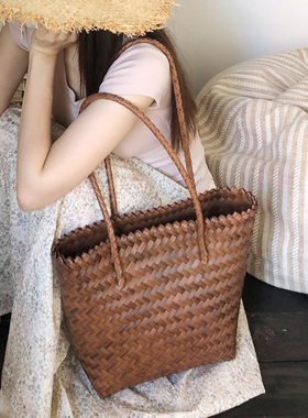 竹编菜篮子爆款大容量复古仿藤单肩背托特手工编织包购物包女包