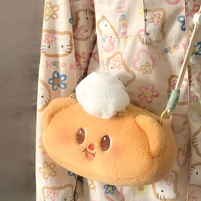 卡通黄色奶油小熊毛绒斜挎包可爱零钱包大容量笔袋包学生收纳包包