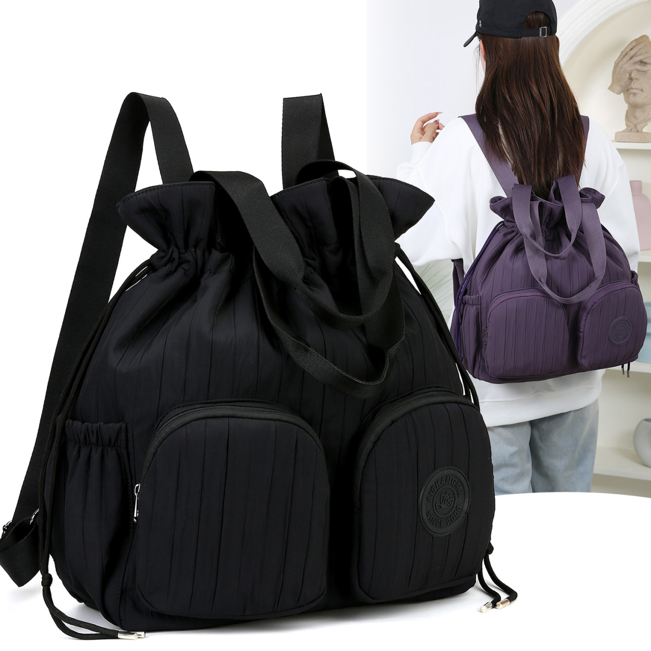 夏季新款黑色学院风女士百搭多功能三用时尚大容量手提双肩包