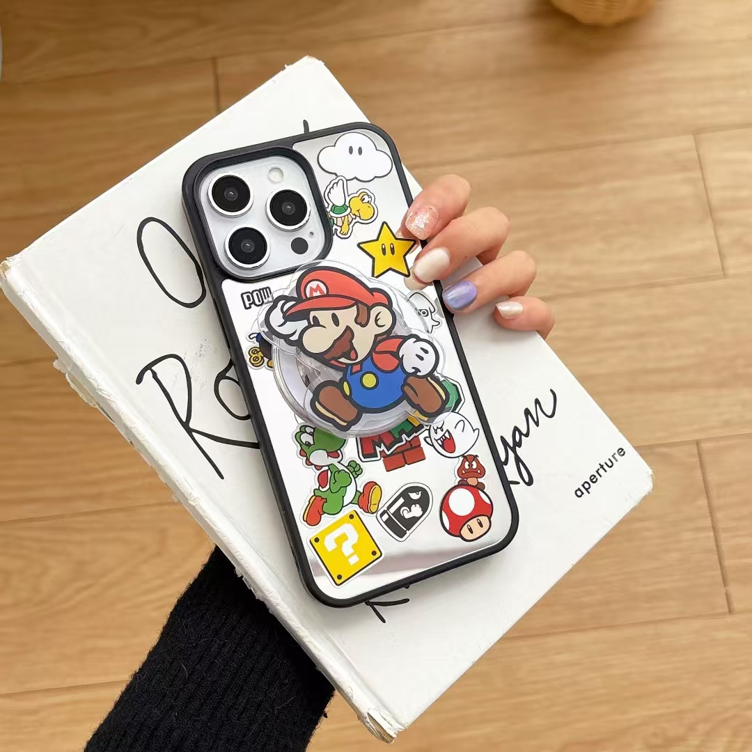 苹果16手机壳iphone16Pro适用12/13/14/15/16ProMax镜面磁吸支架马里奥mario超级玛丽蘑菇马力欧magsafe支架