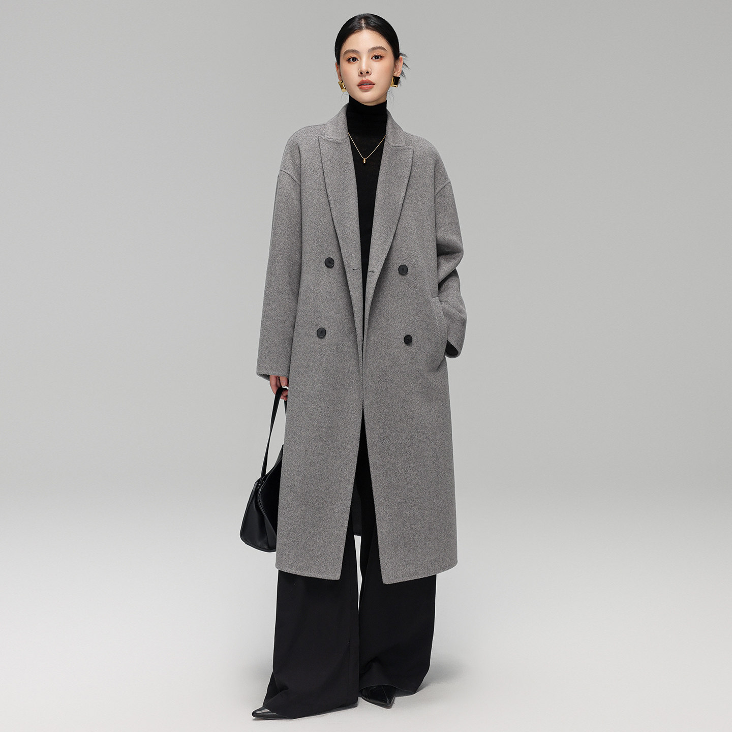 灰色双面羊绒羊毛大衣女双排扣