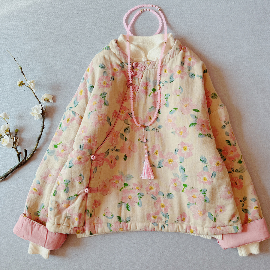 新中式斜襟盘扣印花短款棉袄女冬