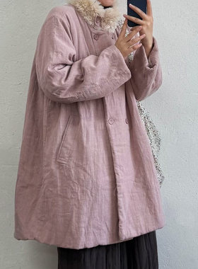 复古夹棉毛领中长款棉衣棉服棉袄